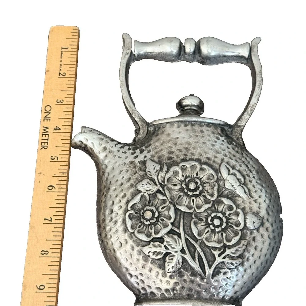 Vintage Pewter decorative hanging teapot Wall Mount Flower Pattern 9.5